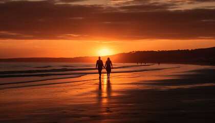Fototapeta na wymiar Romantic couple walking on idyllic coastline at sunset, enjoying togetherness generated by AI