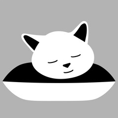 Hand drawn black vector illustration a portrait of a beautiful fun adult young cat is sleeping on a pillow on a white background