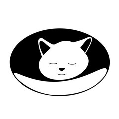 Hand drawn black vector illustration a portrait of a beautiful fun adult young cat is sleeping on a pillow on a white background