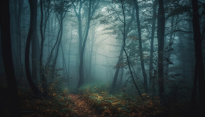 A spooky forest in autumn, a mystery in nature beauty generated by AI