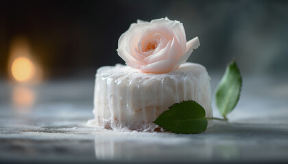 Romantic candlelit meal with fragrant flower centerpiece and sweet dessert generated by AI