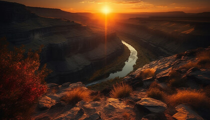 Majestic mountain range reflects tranquil sunset over eroded sandstone cliff generated by AI