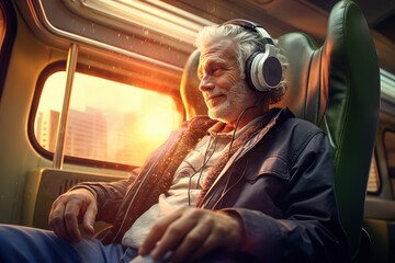 a man sitting on a bus with headphones on