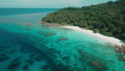 Tranquil Caribbean coastline, turquoise waters, palm trees, and relaxation generated by AI