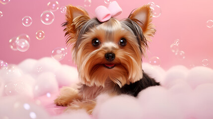  Cute little Yorkshire Terrier dog in a bath with foamwith foam and soap bubbles. Llittle Yorkshire Terrier dog in a bath. - obrazy, fototapety, plakaty