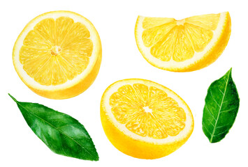 Close-up view watercolor illustration of a lemon, isolated png-file.