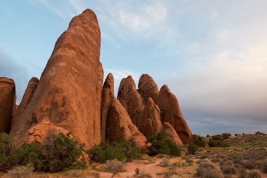 Sandstone rock formation, the Fins, at arches national park during sunset.