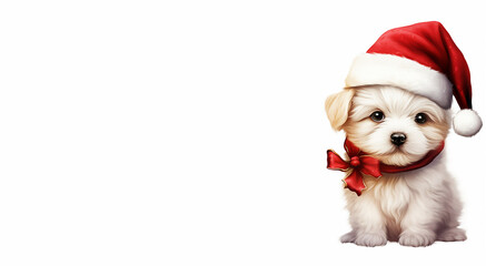A cute puppy with a Santa hat for Christmas with space for copy or text