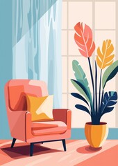 Minimalist interior — vector illustration Boho styled - gouache paint and vector style artwork