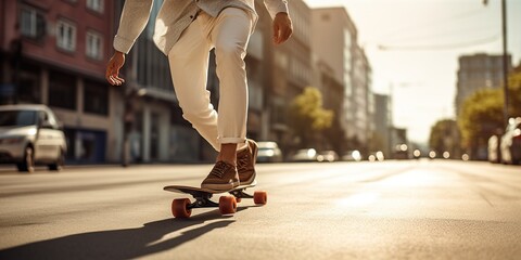 Man in a wide-collared shirt and flared trousers riding a vintage skateboard on a sunlit city street , concept of Urban nostalgia - obrazy, fototapety, plakaty