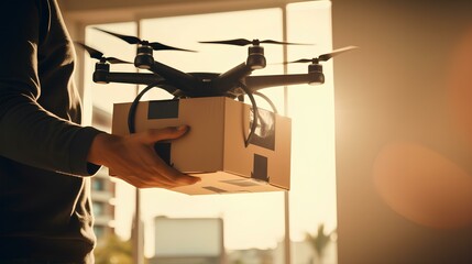 Fototapeta na wymiar A Drone Delivering a Package to the Office. Quick and accurate unmanned delivery system. generative AI