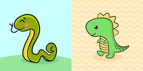 Obraz premium Illustration of a green snake in nature - Cute dinosaur baby cartoon illustration