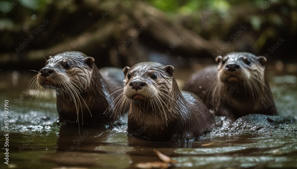 Wall mural playful seal pups swimming in natural pond, looking at camera generated by ai