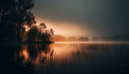 A tranquil scene at dusk, reflection on water, nature beauty generated by AI