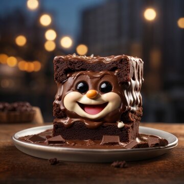 Close-up of a CGI-style illustration of a happy brownie with a face. It has a joyful style, is loaded with chocolate, and the image format is square.