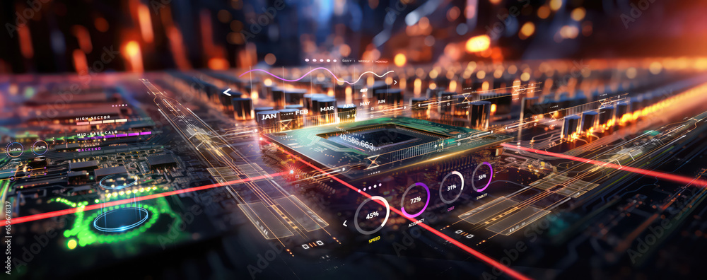 Poster high tech microchip cpu or gpu powerful computer component manufacturing concept, closeup of motherb