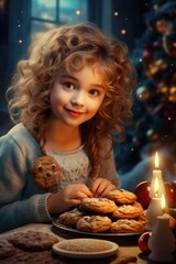 Naklejka premium The Enchantment of Christmas: The Child's Eyes Reflect Pure Wonder While Gazing at a Plate of Cookies Intended for Santa.