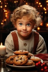 Naklejka premium Innocent Expectation: A Child's Eyes, Full of Delight, Fixated on a Plate of Freshly Baked Cookies Left for Santa Claus.
