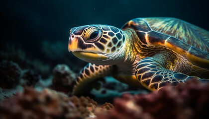 Fototapeta premium Close up of a cute sea turtle swimming in tropical waters generated by AI