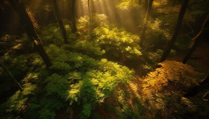 A vibrant forest of green and yellow leaves, a tranquil scene generated by AI