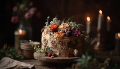 Indulgent chocolate dessert with candlelight on ornate wedding cake table generated by AI