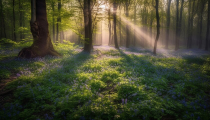 Tranquil autumn meadow, sunlit pine tree, wilderness beauty in nature generated by AI