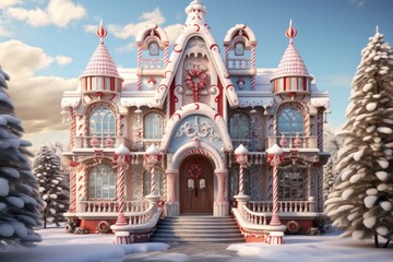 Obraz premium Sugary Delight: A Gingerbread House Adorned with Candy Cane Fences and Gumdrop Accents.