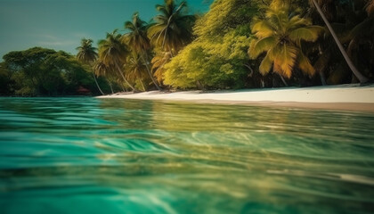 Tranquil scene of turquoise waters, palm trees, and sandy beaches generated by AI