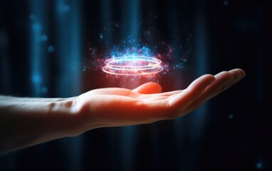 Single atom of hydrogen floating above a hand glowing brightly