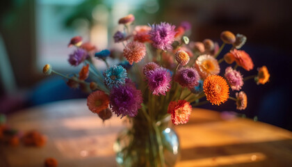 Fresh bouquet of multi colored flowers on wooden table indoors generated by AI