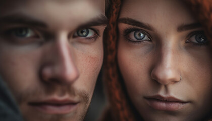 Obraz premium Smiling young couple in love, outdoors, enjoying nature beauty generated by AI