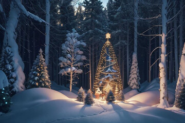 Obraz premium beautiful Christmas tree in the forest decorated with light toys for the New Year holiday, AI generated