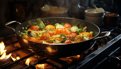 Grilled seafood and vegetables on a hot barbecue stove generated by AI