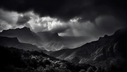 Majestic mountain range silhouette against dramatic monochrome sky generated by AI
