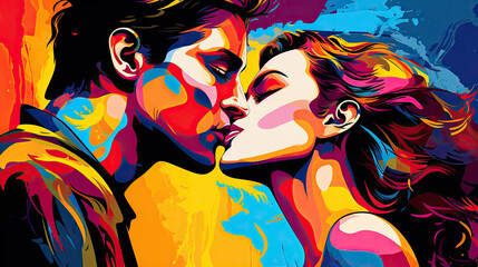 Passionate kiss of a loving couple in pop art style.