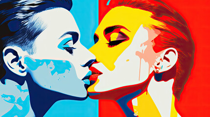 Two lesbian women kiss passionately. In pop art style.