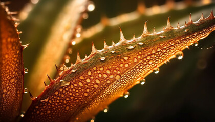 Sharp thorn on wet leaf, magnified drop reflects beauty in nature generated by AI