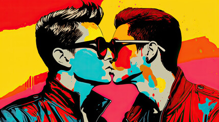 Passionate kiss of two gay men. In pop art style.