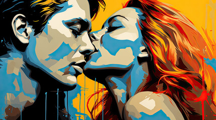 Passionate kiss of a loving couple in pop art style.