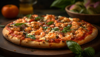 Freshly baked gourmet pizza on rustic wood table, Italian culture inspired generated by AI