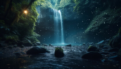 Tranquil scene of majestic mountain and flowing water in nature generated by AI