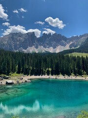 drone photo Carezza Lake, lago di carezza, Karersee dolomites italy europe