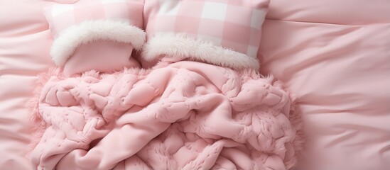 Top view of a cozy baby girl cot with a pink patchwork blanket Bedding and textile for nursery Concept of nap and sleep time