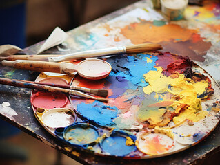 A vibrant and eclectic mix of paints, brushes, and artist tools on a messy palette.
