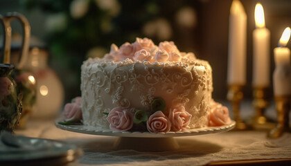 Indulgent homemade gourmet dessert, a pink wedding cake with strawberries generated by AI