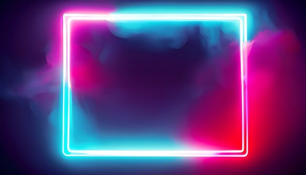 Glowing colored square frames, red and blue neon rays in smoke, cyber background with copy space, cyberpunk futuristic vector illustration