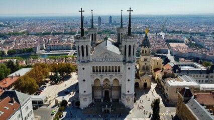 drone photo Notre-Dame de Fourvière Basilica Lyon france Europe