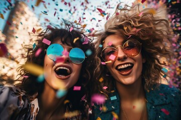 Two women standing next to each other under confetti positive and fun vibes - obrazy, fototapety, plakaty