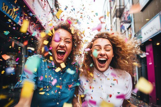 Two women standing next to each other under confetti positive and fun vibes