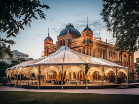 A grandiose opera house featuring a vintage-style marquee, captivating audiences with its timeless charm.